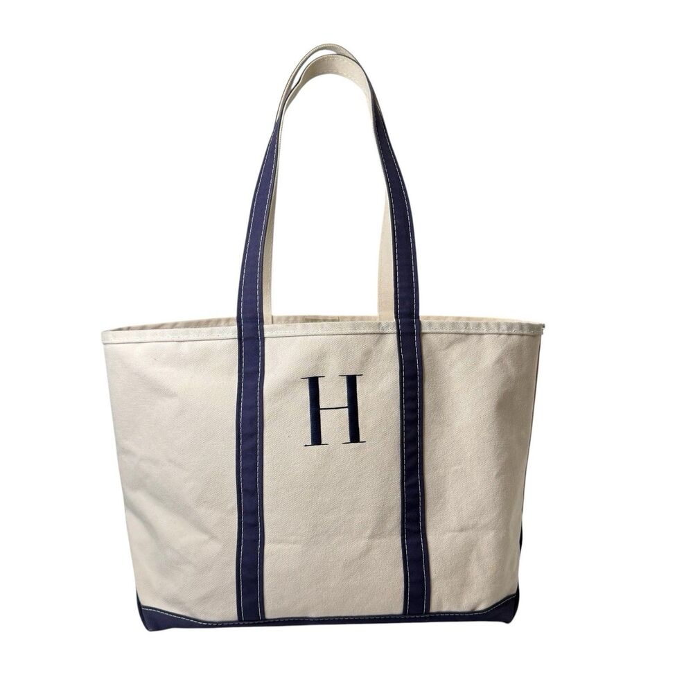 Vintage LL Bean Boat & Tote Large Canvas Bag Navy Trim Monogram 80s USA 22X14X9